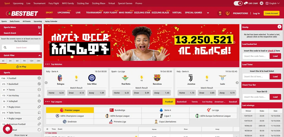 Bestbet lobby showing sportsbook sections and current football odds